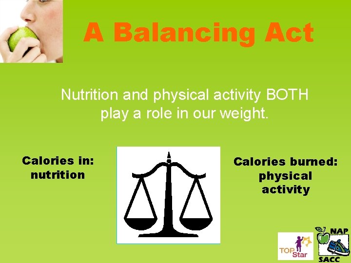 A Balancing Act Nutrition and physical activity BOTH play a role in our weight.