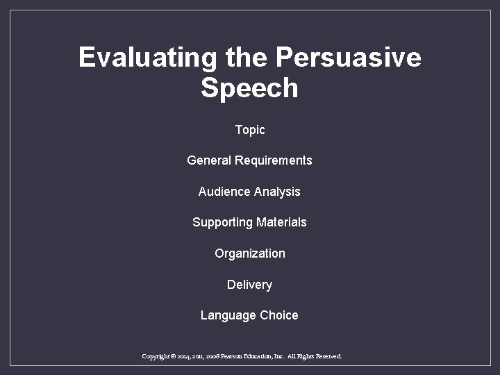 Evaluating the Persuasive Speech Topic General Requirements Audience Analysis Supporting Materials Organization Delivery Language