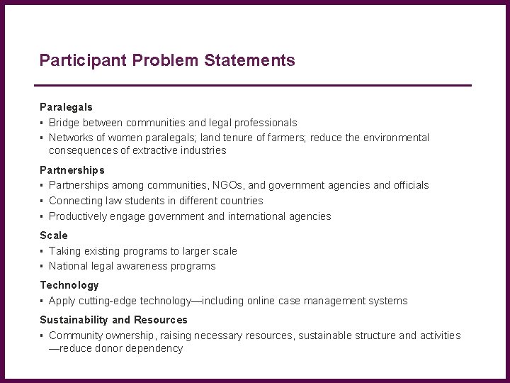 Participant Problem Statements Paralegals Bridge between communities and legal professionals Networks of women paralegals;