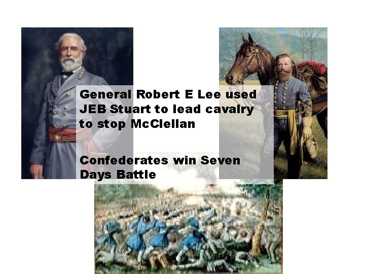 General Robert E Lee used JEB Stuart to lead cavalry to stop Mc. Clellan