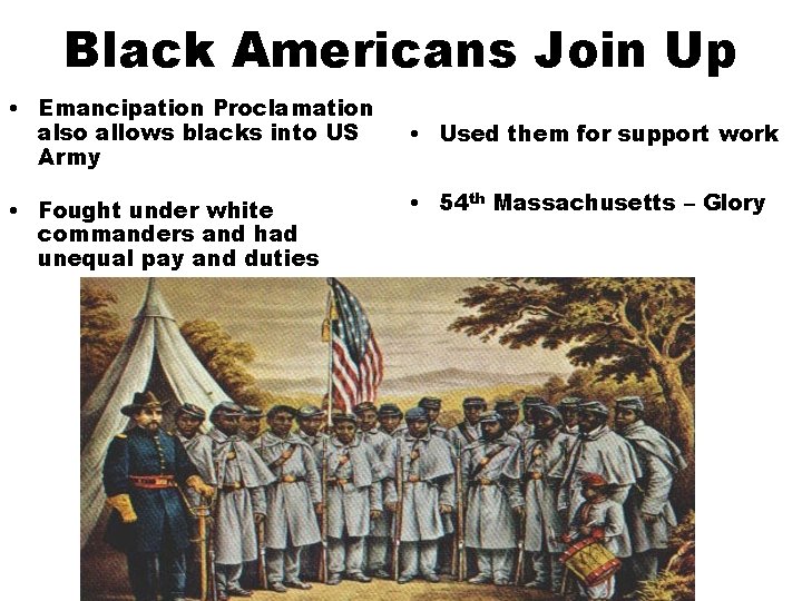 Black Americans Join Up • Emancipation Proclamation also allows blacks into US Army •