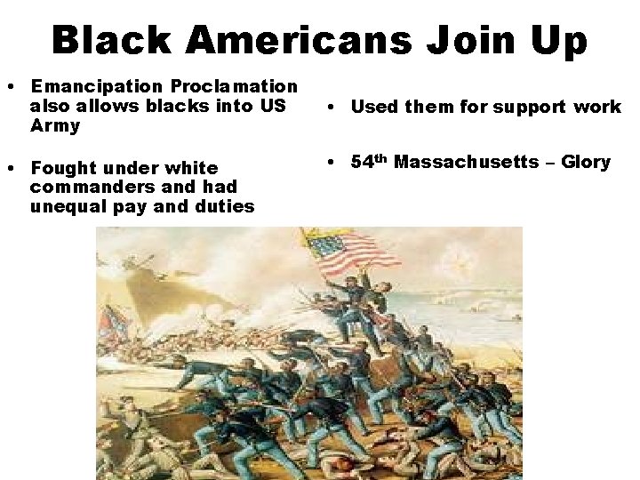 Black Americans Join Up • Emancipation Proclamation also allows blacks into US Army •