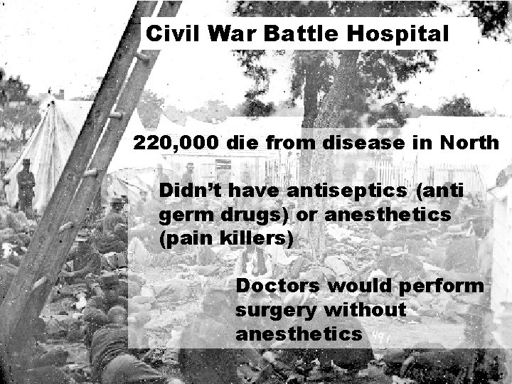 Civil War Battle Hospital 220, 000 die from disease in North Didn’t have antiseptics