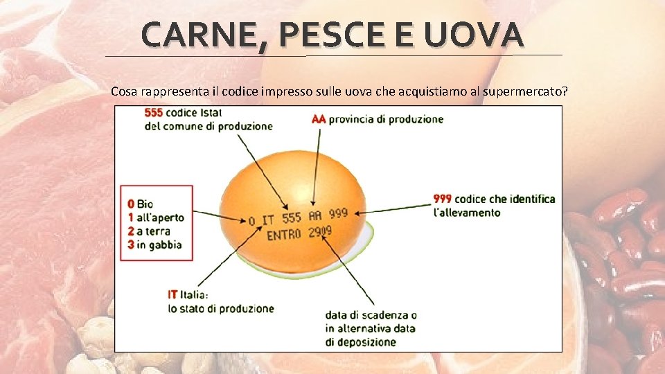 CARNE, PESCE E UOVA Cosa rappresenta il codice impresso sulle uova che acquistiamo al