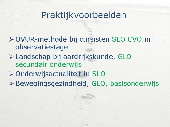 Praktijkvoorbeelden Ø OVUR-methode bij cursisten SLO CVO in observatiestage Ø Landschap bij aardrijkskunde, GLO