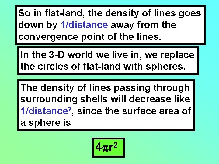 So in flat-land, the density of lines goes down by 1/distance away from the