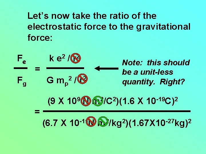 Let’s now take the ratio of the electrostatic force to the gravitational force: Fe