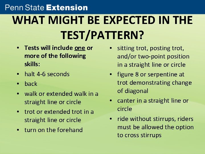 WHAT MIGHT BE EXPECTED IN THE TEST/PATTERN? • Tests will include one or more