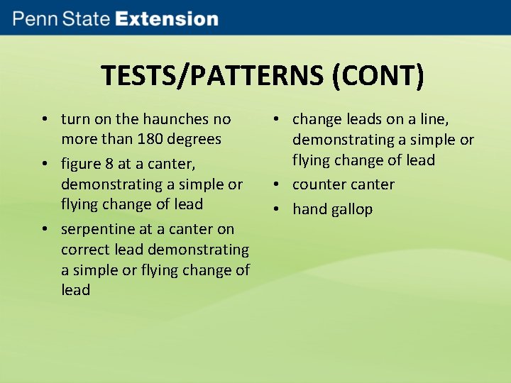 TESTS/PATTERNS (CONT) • turn on the haunches no more than 180 degrees • figure