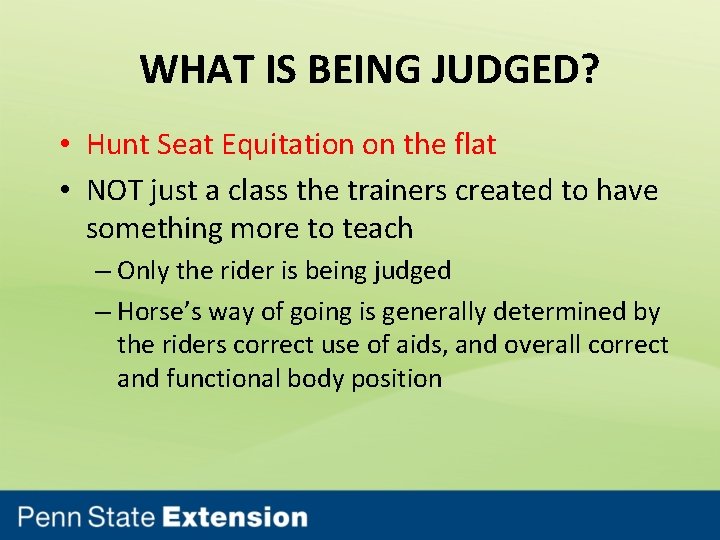 WHAT IS BEING JUDGED? • Hunt Seat Equitation on the flat • NOT just