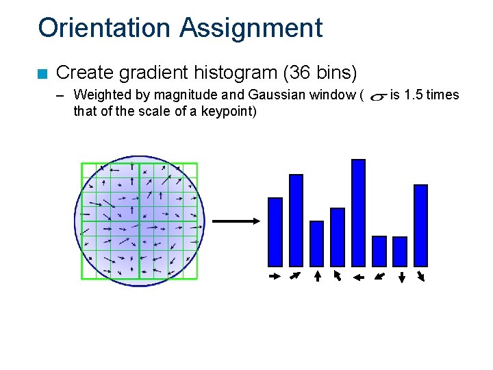 Orientation Assignment n Create gradient histogram (36 bins) – Weighted by magnitude and Gaussian