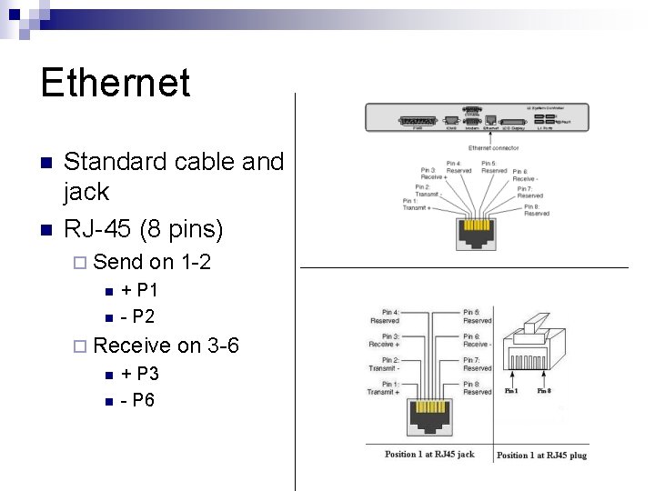 Ethernet n n Standard cable and jack RJ-45 (8 pins) ¨ Send n n