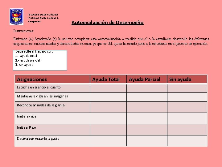 Escuela Especial Horizonte Profesora Dalila Arellano S. Cauquenes Autoevaluación de Desempeño Instrucciones: Estimado (a)