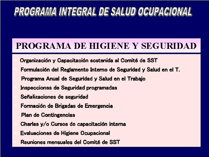 PROGRAMA DE HIGIENE Y SEGURIDAD § Organización y Capacitación sostenida al Comité de SST