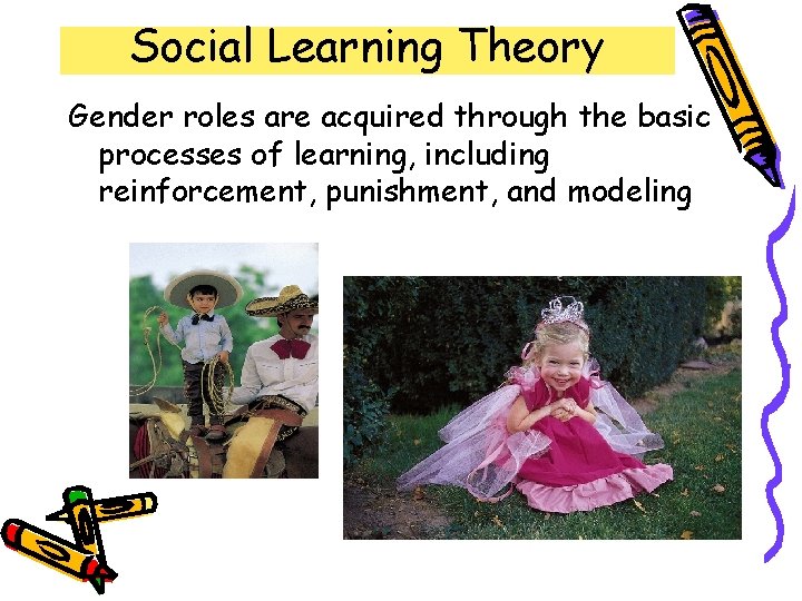 Social Learning Theory Gender roles are acquired through the basic processes of learning, including