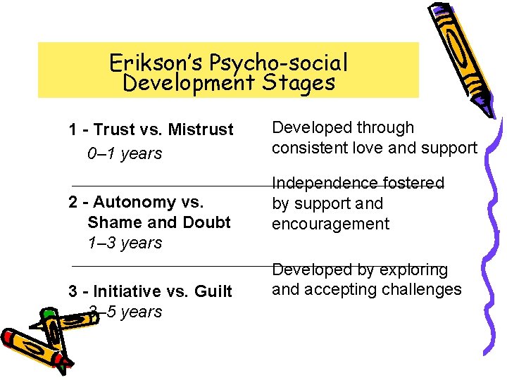 Erikson’s Psycho-social Development Stages 1 - Trust vs. Mistrust 0– 1 years 2 -