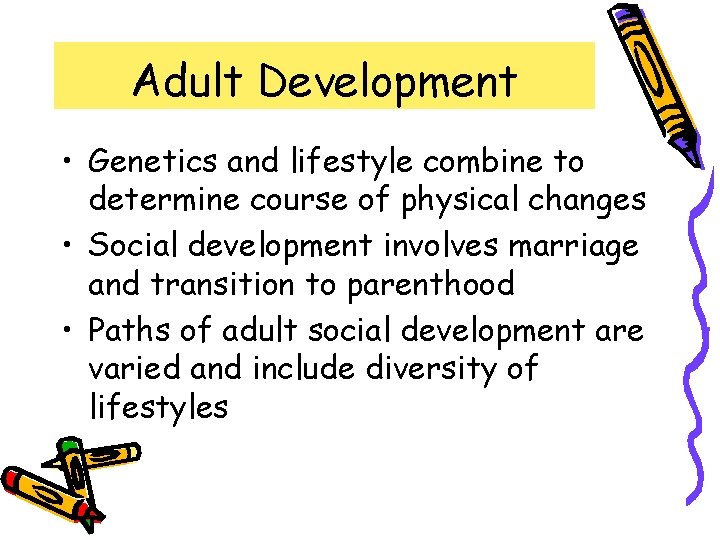 Adult Development • Genetics and lifestyle combine to determine course of physical changes •