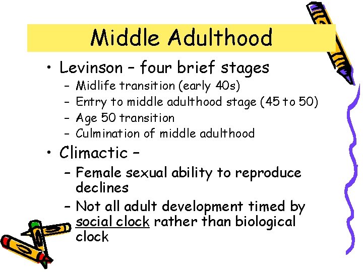 Middle Adulthood • Levinson – four brief stages – – Midlife transition (early 40