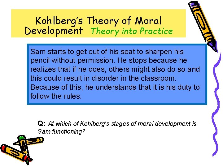 Kohlberg’s Theory of Moral Development Theory into Practice Sam starts to get out of