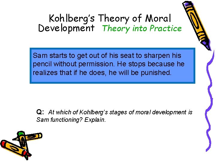 Kohlberg’s Theory of Moral Development Theory into Practice Sam starts to get out of