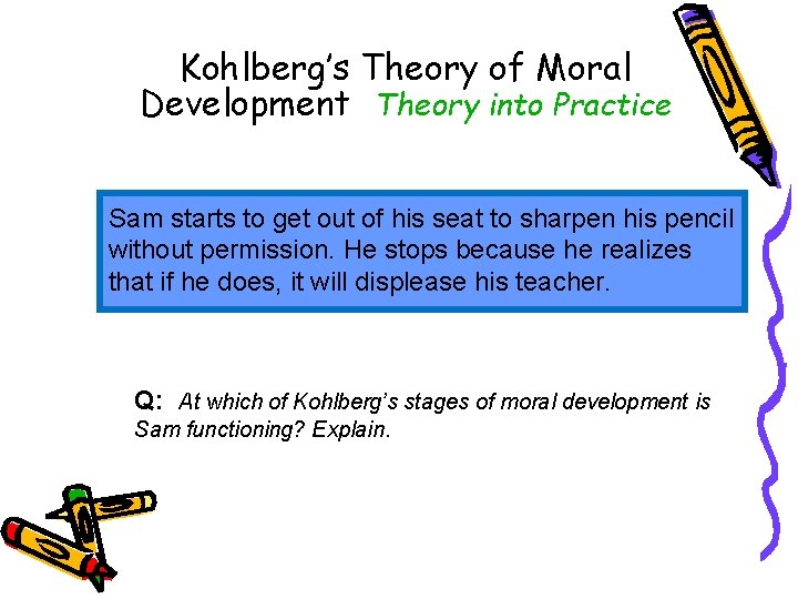 Kohlberg’s Theory of Moral Development Theory into Practice Sam starts to get out of