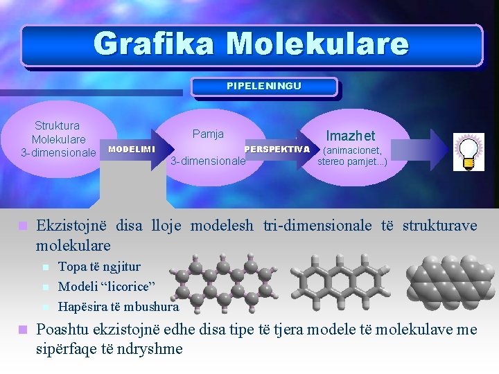 Grafika Molekulare PIPELENINGU Struktura Molekulare 3 -dimensionale n MODELIMI PERSPEKTIVA 3 -dimensionale Imazhet (animacionet,