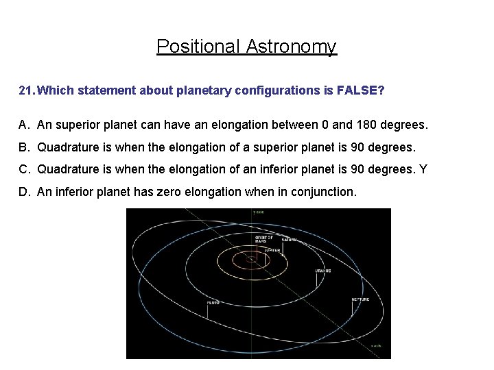 Positional Astronomy 21. Which statement about planetary configurations is FALSE? A. An superior planet