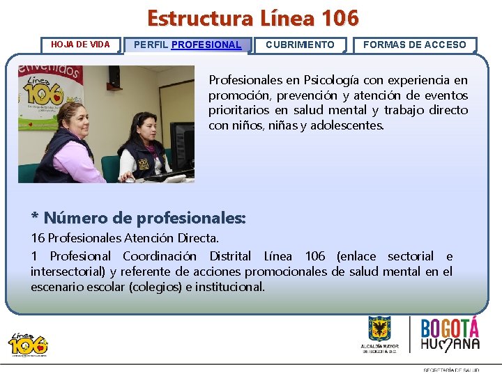 Estructura Línea 106 HOJA DE VIDA PERFIL PROFESIONAL CUBRIMIENTO FORMAS DE ACCESO Profesionales en
