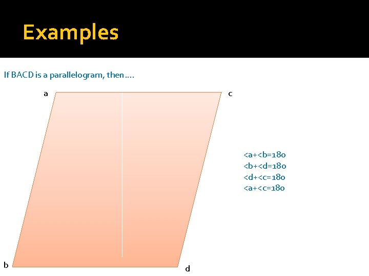 Examples If BACD is a parallelogram, then…. a c <a+<b=180 <b+<d=180 <d+<c=180 <a+<c=180 b