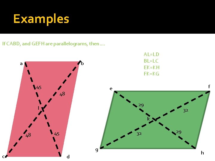 Examples If CABD, and GEFH are parallelograms, then…. a AL=LD BL=LC EK=KH FK=KG b