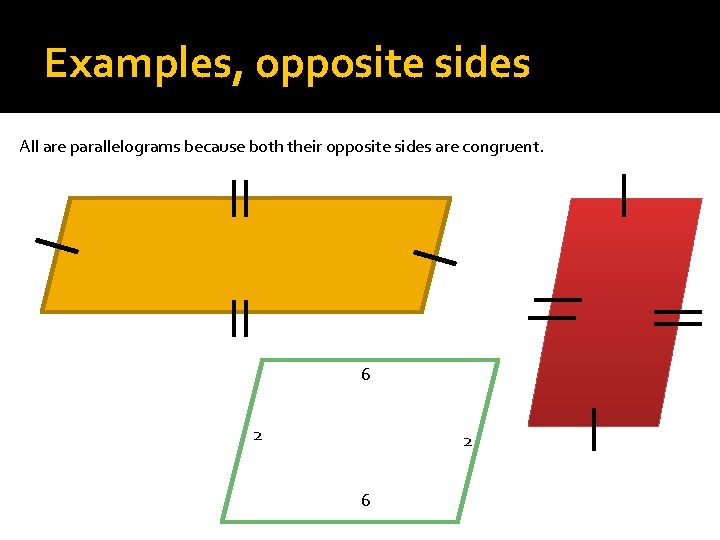 Examples, opposite sides All are parallelograms because both their opposite sides are congruent. 6