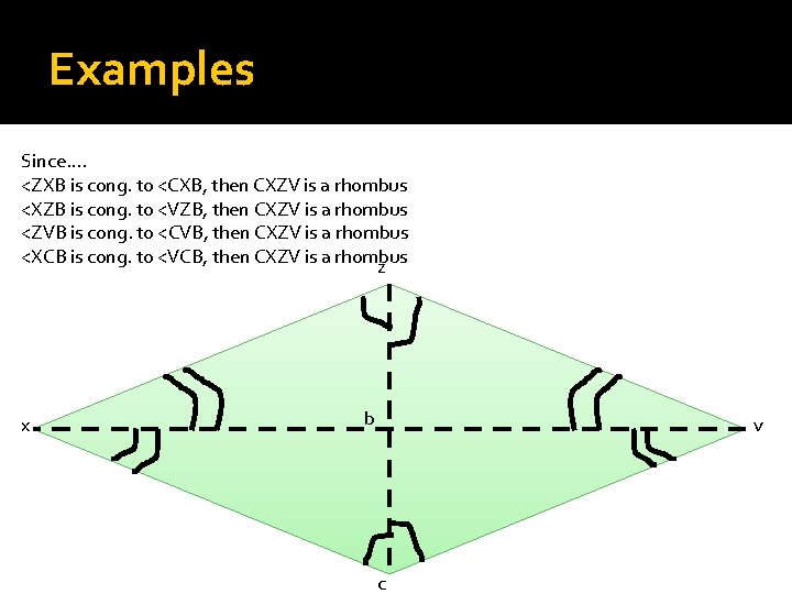 Examples Since…. <ZXB is cong. to <CXB, then CXZV is a rhombus <XZB is