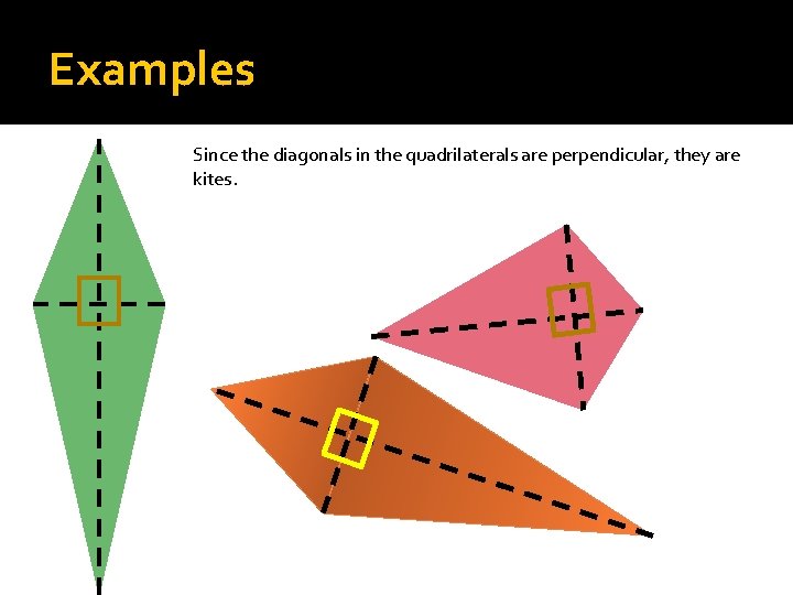 Examples Since the diagonals in the quadrilaterals are perpendicular, they are kites. 