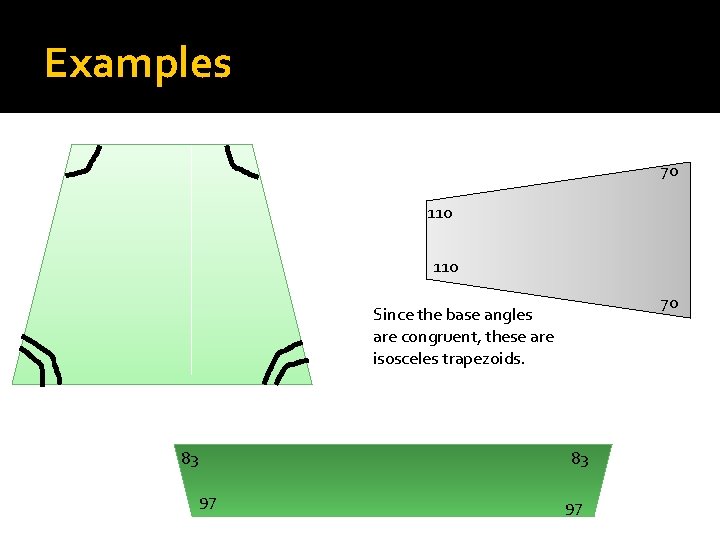 Examples 70 110 70 Since the base angles are congruent, these are isosceles trapezoids.