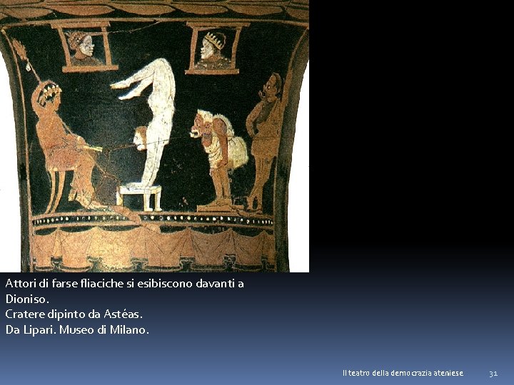 Attori di farse fliaciche si esibiscono davanti a Dioniso. Cratere dipinto da Astéas. Da
