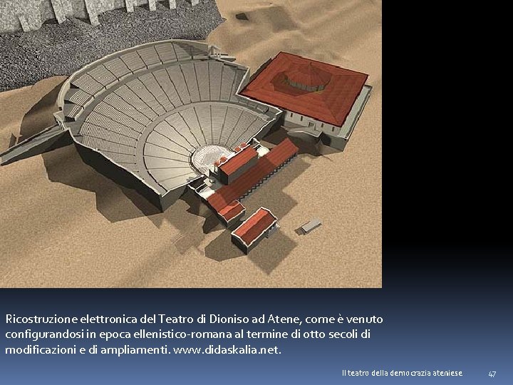 Ricostruzione elettronica del Teatro di Dioniso ad Atene, come è venuto configurandosi in epoca