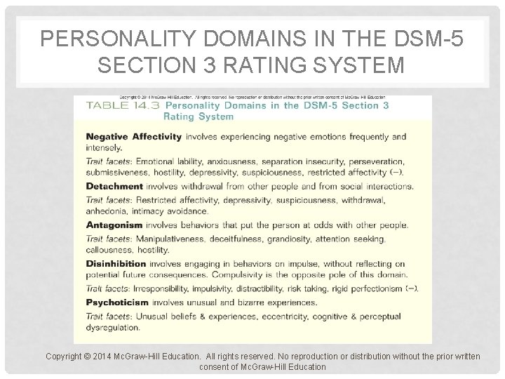 PERSONALITY DOMAINS IN THE DSM-5 SECTION 3 RATING SYSTEM Copyright © 2014 Mc. Graw-Hill