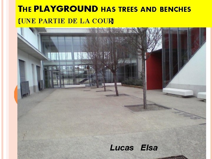 THE PLAYGROUND HAS TREES AND BENCHES (UNE PARTIE DE LA COUR) Lucas Elsa 