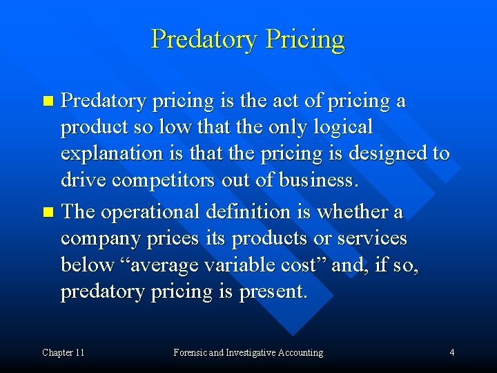 Predatory Pricing Predatory pricing is the act of pricing a product so low that