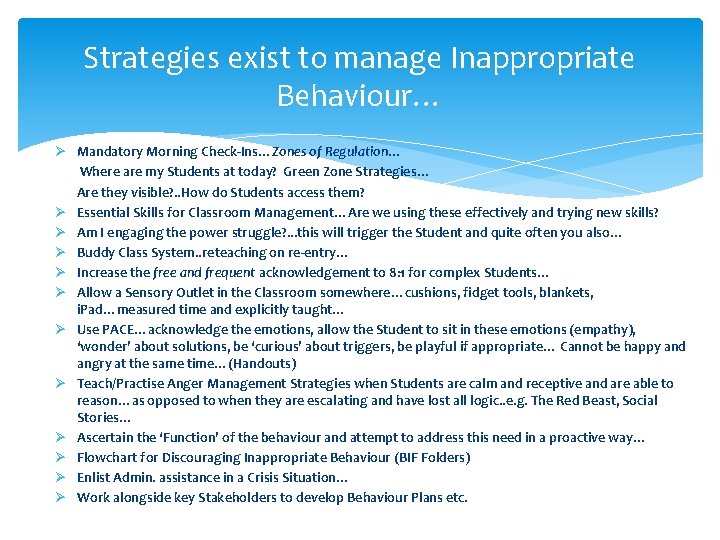 Strategies exist to manage Inappropriate Behaviour… Ø Mandatory Morning Check-Ins…Zones of Regulation… Where are