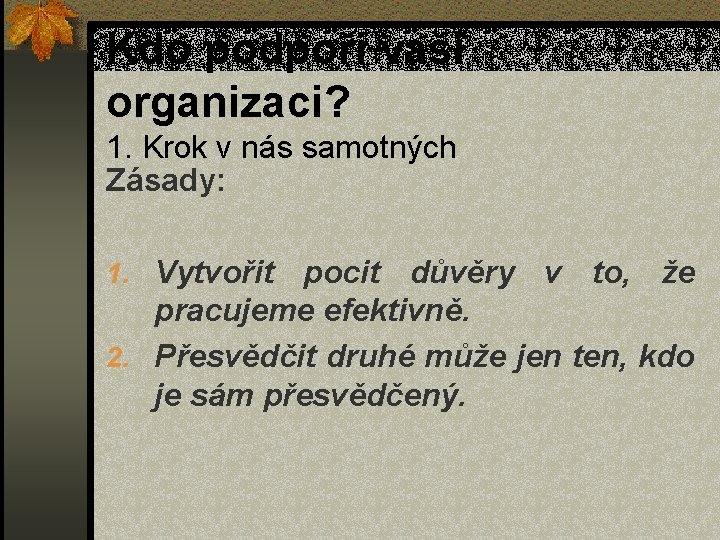 Kdo podpoří vaší organizaci? 1. Krok v nás samotných Zásady: 1. Vytvořit pocit důvěry