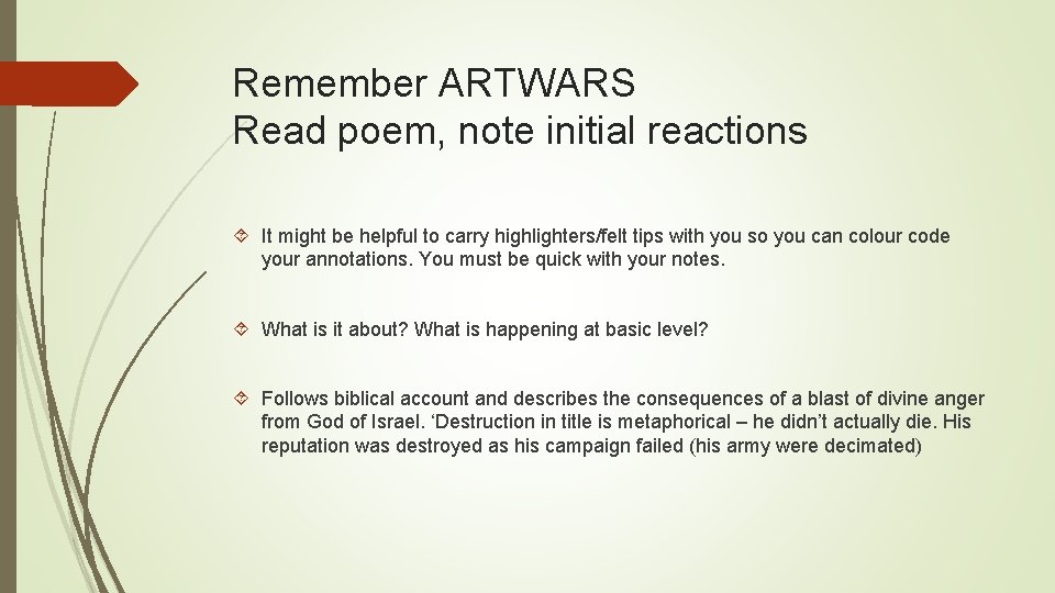 Remember ARTWARS Read poem, note initial reactions It might be helpful to carry highlighters/felt