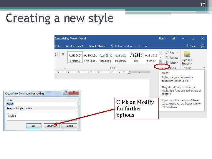 17 Creating a new style Click on Modify for further options 