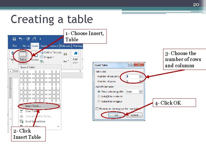 20 Creating a table 1 - Choose Insert, Table 3 - Choose the number