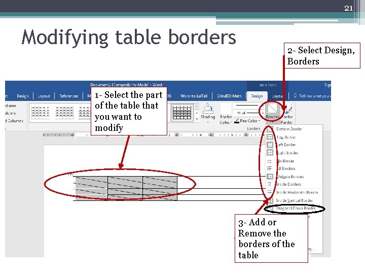 21 Modifying table borders 2 - Select Design, Borders 1 - Select the part