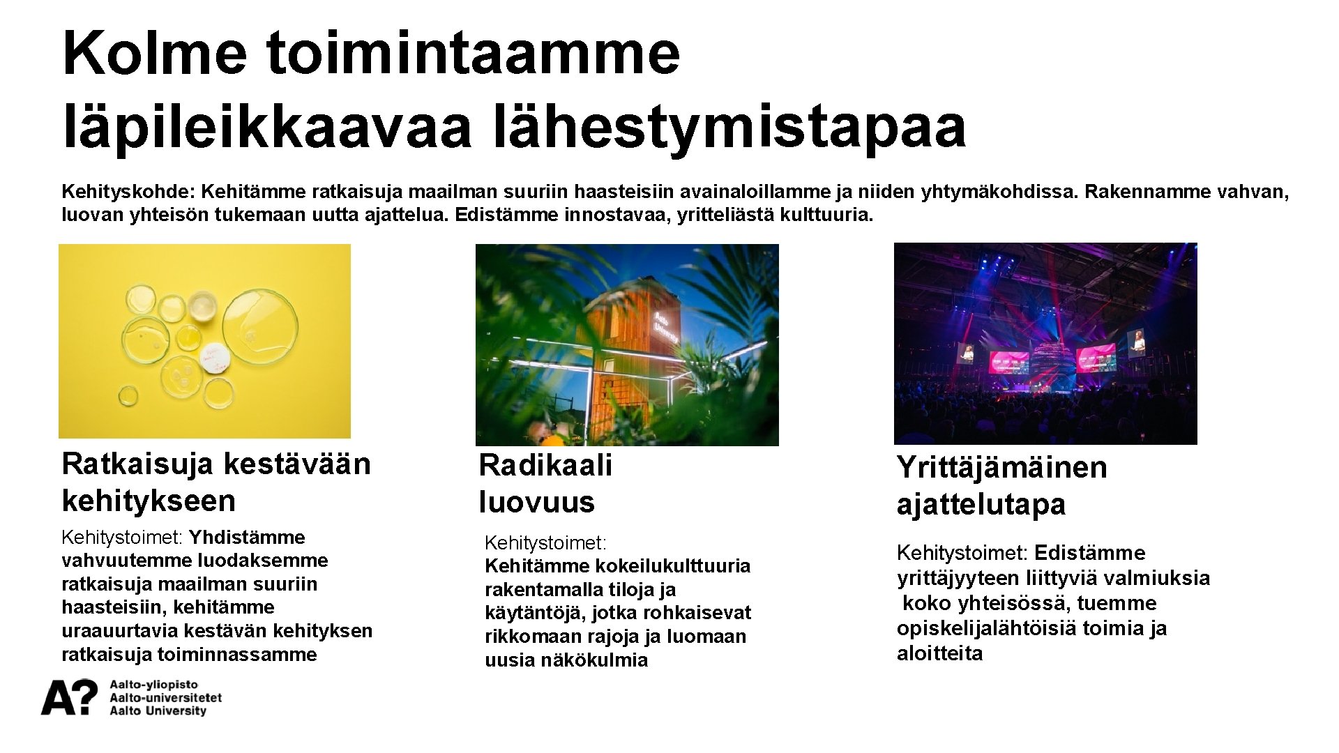 Kolme toimintaamme läpileikkaavaa lähestymistapaa Kehityskohde: Kehitämme ratkaisuja maailman suuriin haasteisiin avainaloillamme ja niiden yhtymäkohdissa.