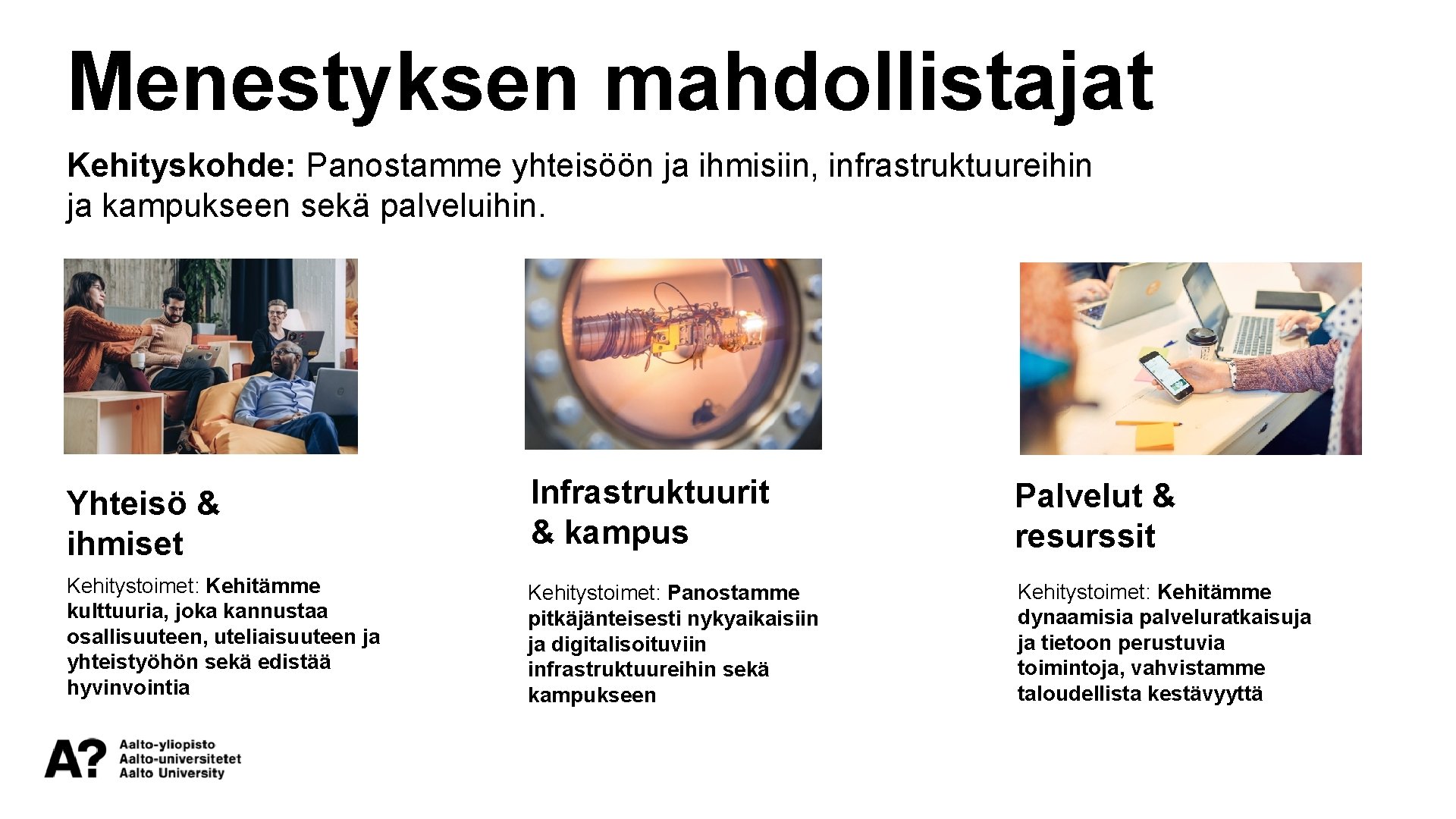 Menestyksen mahdollistajat Kehityskohde: Panostamme yhteisöön ja ihmisiin, infrastruktuureihin ja kampukseen sekä palveluihin. Yhteisö &