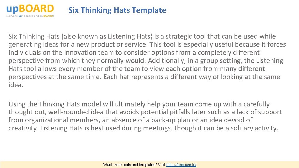 Six Thinking Hats Template Six Thinking Hats (also known as Listening Hats) is a