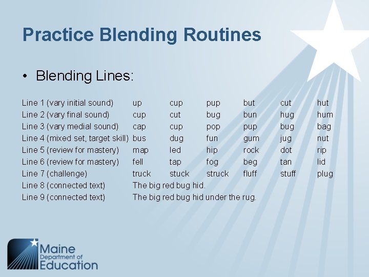 Practice Blending Routines • Blending Lines: Line 1 (vary initial sound) Line 2 (vary