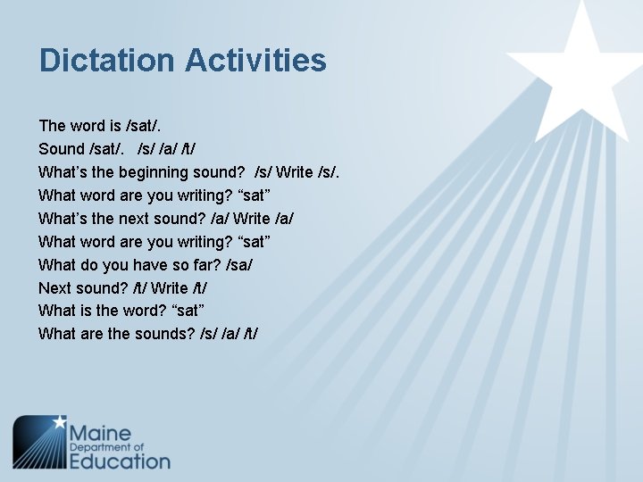 Dictation Activities The word is /sat/. Sound /sat/. /s/ /a/ /t/ What’s the beginning